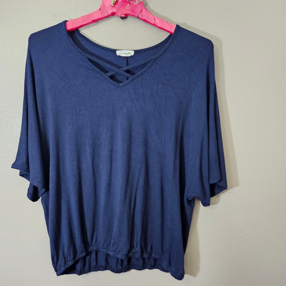 Loveappella Womens L Navy Blouson Dolman Sleeve Top Boho CasualChic Minimalist